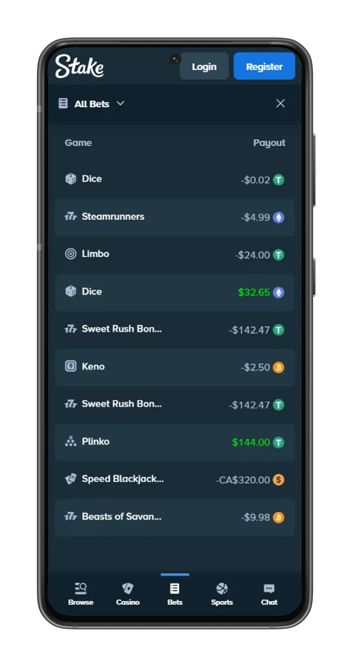 Stake App list of recent bets including Dice, Limbo, Plinko and other games.