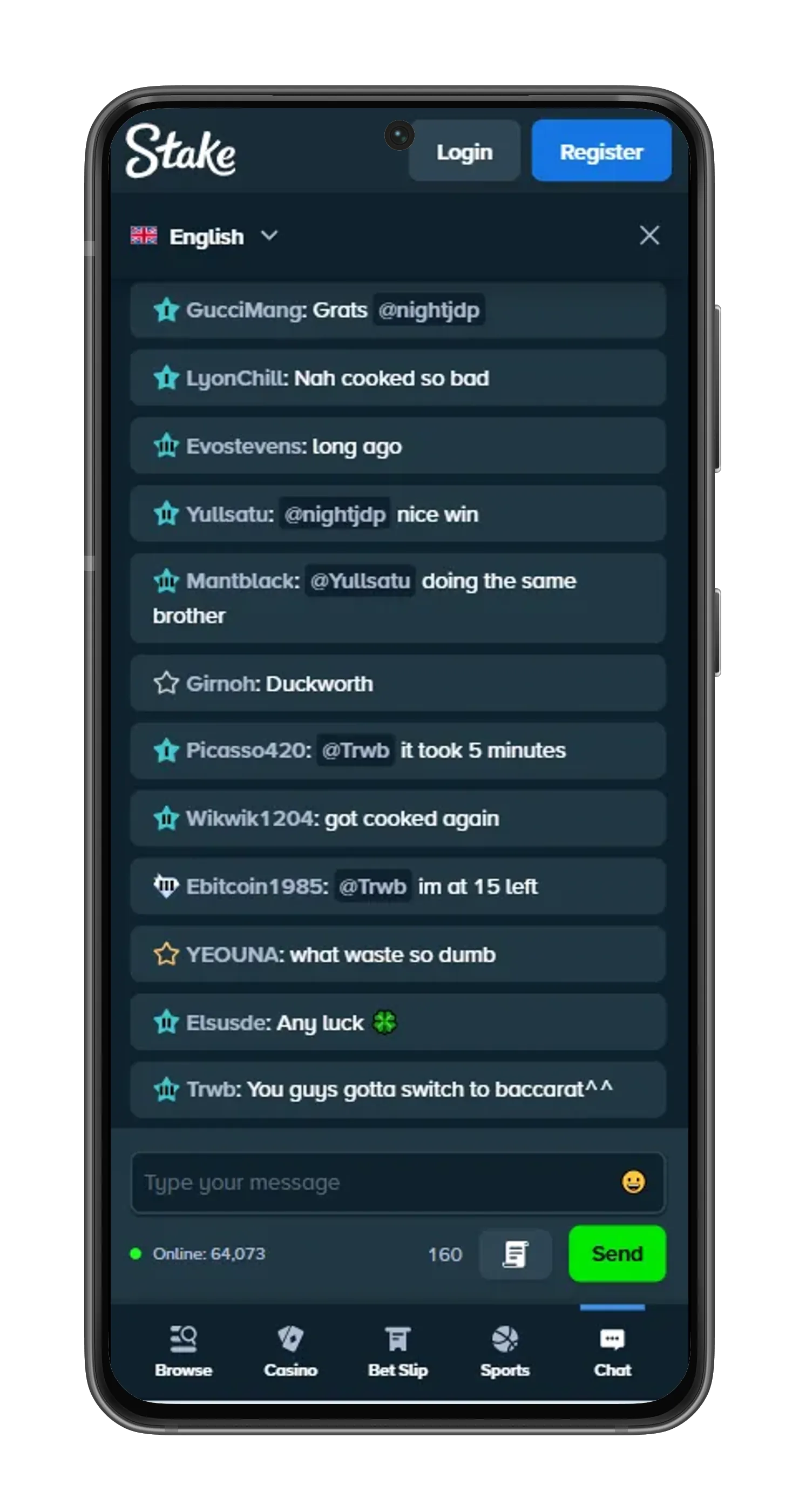 Stake App live chat interface with active user messages and input field.