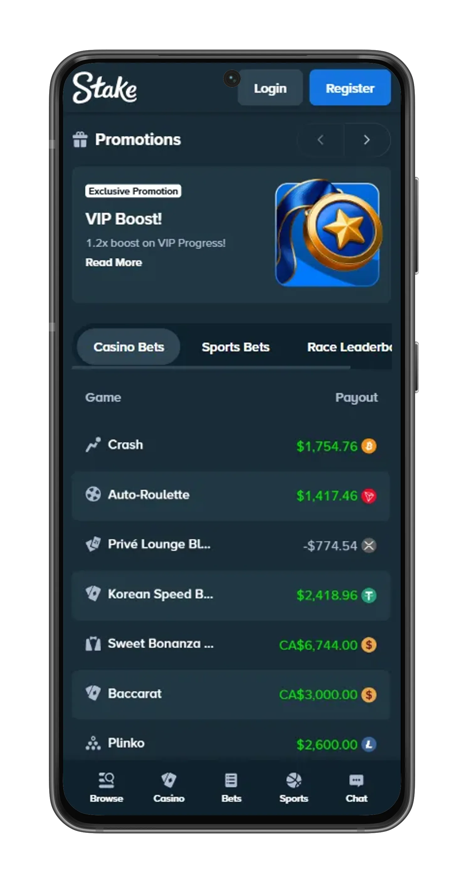 Stake App promotions screen showing VIP Boost offer and recent casino payouts.