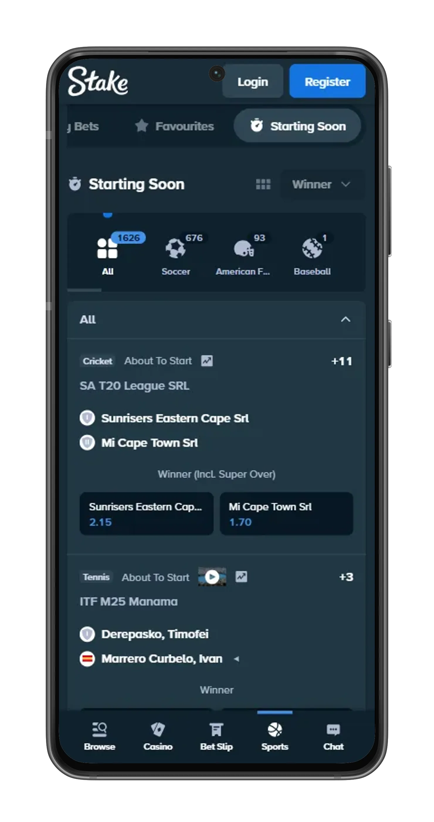 Stake App sports betting page showing upcoming cricket and tennis matches with odds.