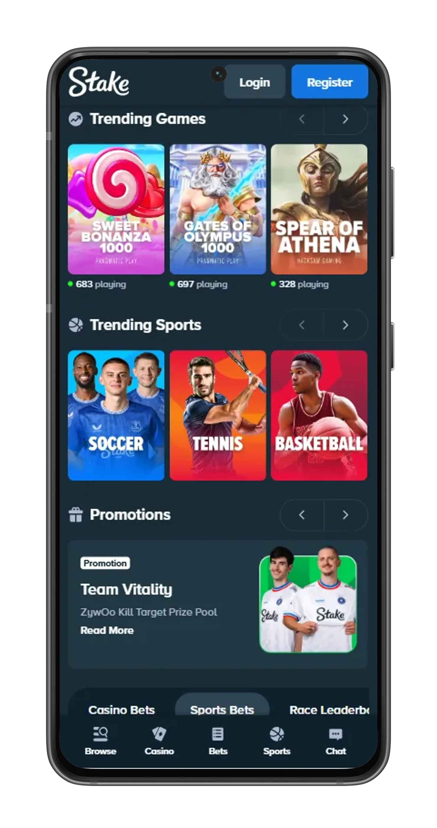 Stake App homepage with trending casino games and sports categories.